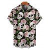 Chemise de Vacances Style Gothique Rose et Crâne Imprimées Boutonnée Manches Roulées pour Homme - Noir 4XL