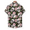 Chemise de Vacances Style Gothique Rose et Crâne Imprimées Boutonnée Manches Roulées pour Homme - Noir XL