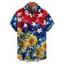 Chemise à Boutons Motif Tournesol Etoile en Blocs de Couleurs à Manches Roulées pour Homme - Rouge 4XL