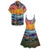 Vacation Couple Outfit Colorful Oil Painting Sun Floral Pattern Spaghetti Strap Tank Dress and Roll Up Sleeve Shirt Casual Matching Outfit - multicolor S | US 4