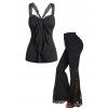 Solid Color Outfit See Thru Lace Panel Ruffle Tank Top and Flower Lace Insert Cinched Skirted Flare Pants Casual Two Piece Set - Noir S | US 4