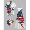 Independence Day Couple Outfit American Flag Butterfly Pattern Spaghetti Strap Dress and Roll Up Sleeve Shirt Patriotic Matching Outfit - Blanc S | US 4