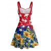 Independence Day Couple Outfit Colorblock Star Sunflower Pattern Ruched Bust Belt A Line Dress and Roll Up Sleeve Shirt Patriotic Matching Outfit - Rouge S | US 4