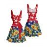 Independence Day Couple Outfit Colorblock Star Sunflower Pattern Ruched Bust Belt A Line Dress and Roll Up Sleeve Shirt Patriotic Matching Outfit - Rouge S | US 4