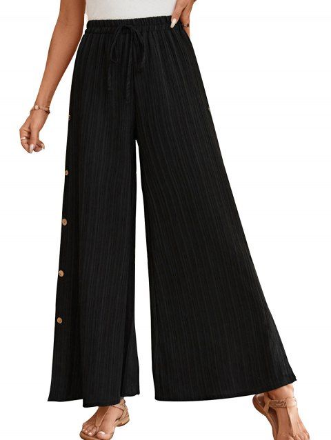 Pantalon Décontracté Long Fendu Texturé avec Nœud Papillon à Taille Haute