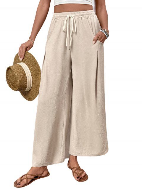 Pantalon Décontracté Long Jambe Large en Couleur Unie Taille à Cordon avec Poches