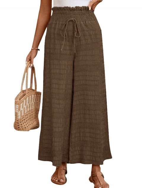 Pantalon Rétro Long Jambe Large en Couleur Unie à Volants avec Nœud Papillon