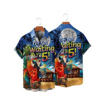 Men's Parrot Letter Beach Landscape Pattern Vacation Shirt Roll Up Sleeve Button Up Casual Shirt
