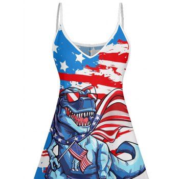 American Flag Dinosaur Pattern Independence Day Dress Star Stripe Print Spaghetti Strap A Line Mini Patriotic Tank Dress