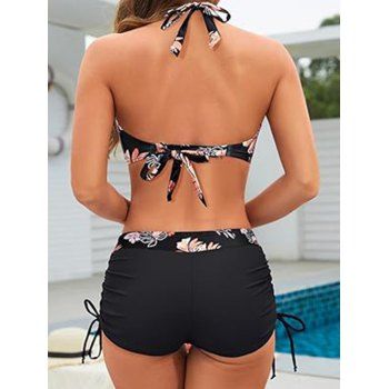 Floral Pattern Halter Cinched Boyshorts Two Piece Bikini Swimsuit Plunging Neck Padded Beach Swimwear