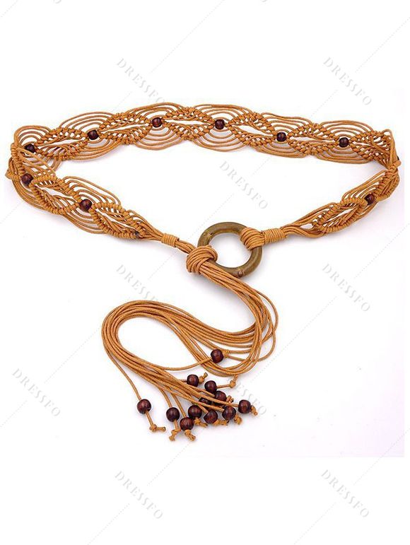 Ceinture Elégante Style Ethnique Tressée Perle en O à Frange - café lumière 