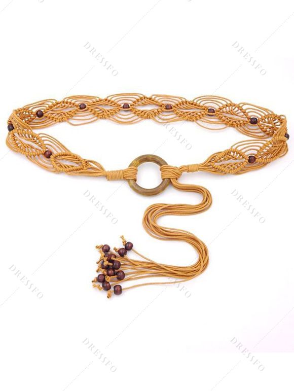 Ceinture Elégante Style Ethnique Tressée Perle en O à Frange - café lumière 
