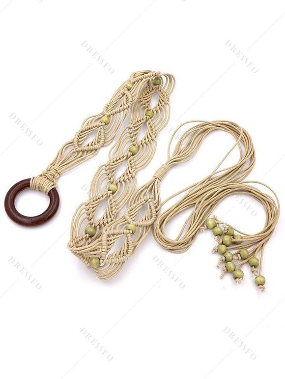Ethnic Style Braided Bead Hollow Out Tassel O Ring Trendy Waist Belt - CRYSTAL CREAM 