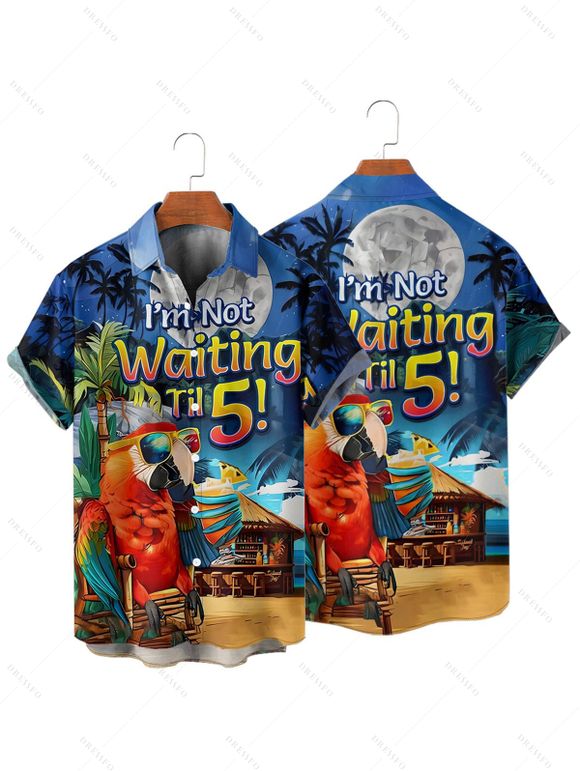 Chemise de Vacances de Plage Décontractée Motif de Perroquet à Manches Roulées Boutonnée pour Homme - Bleu L