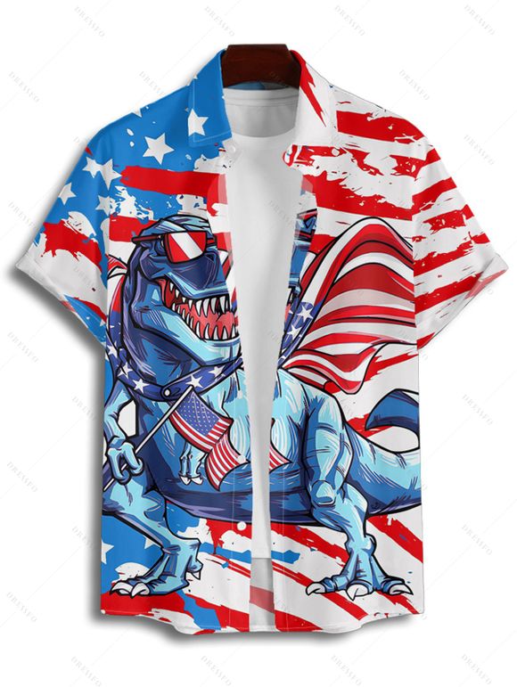 Chemise Boutonnée Drapeau Américain Imprimé à Manches Roulées - Blanc L