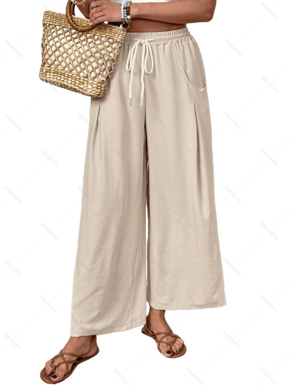 Pantalon Décontracté Long Jambe Large en Couleur Unie Taille à Cordon avec Poches - Champagne M | US 6