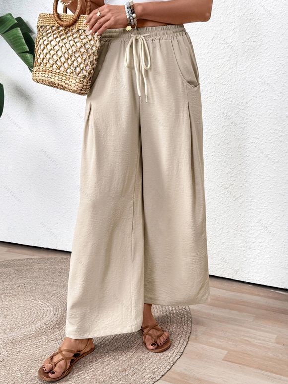 Pantalon Décontracté Long Jambe Large en Couleur Unie Taille à Cordon avec Poches - Champagne M | US 6