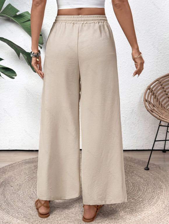 Pantalon Décontracté Long Jambe Large en Couleur Unie Taille à Cordon avec Poches - Champagne M | US 6