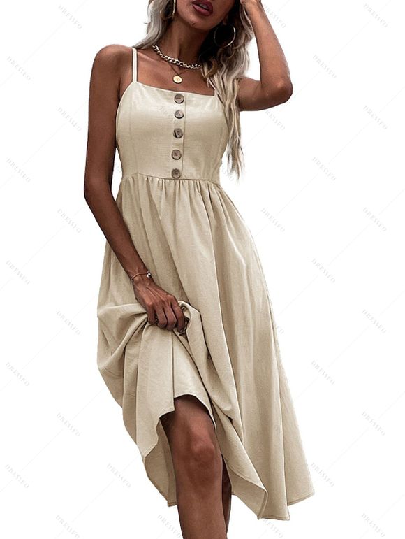 Robe Mi-Longue Décontractée Ligne A à Bretelle Fine en Couleur Unie à Taille Haute - Beige S | US 4