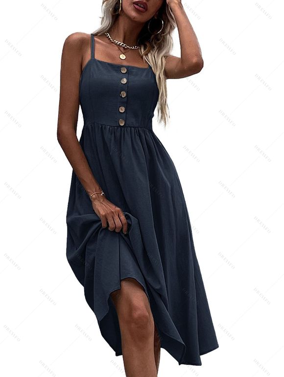 Solid Color Mock Button Spaghetti Strap Vacation Dress High Waisted A Line Midi Casual Dress - MIDNIGHT BLUE L | US 8