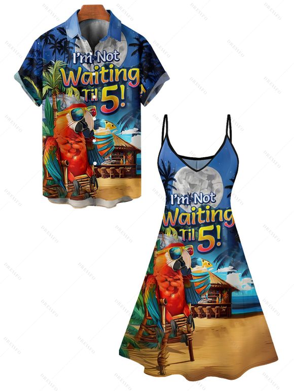 Vacation Couple Outfit Parrot Letter Beach Landscape Pattern Spaghetti Strap Mini Tank Dress and Roll Up Sleeve Shirt Beach Matching Outfit - Bleu S | US 4