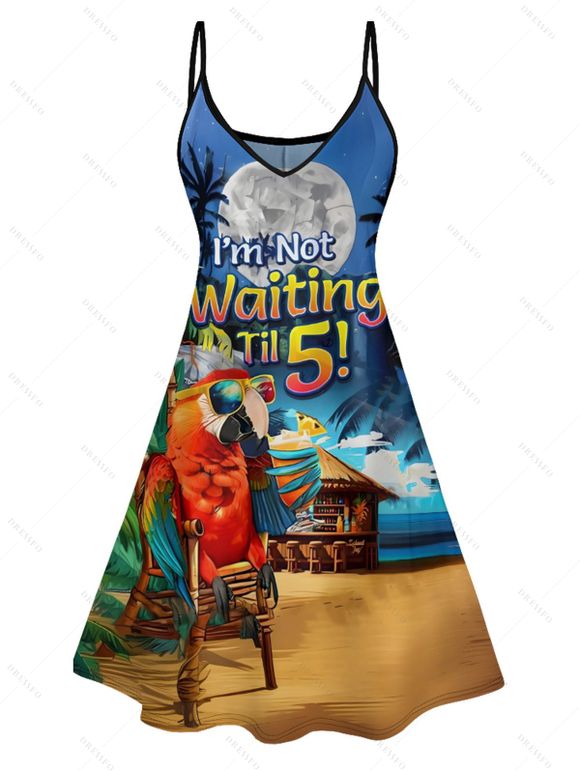 Vacation Couple Outfit Parrot Letter Beach Landscape Pattern Spaghetti Strap Mini Tank Dress and Roll Up Sleeve Shirt Beach Matching Outfit - Bleu S | US 4