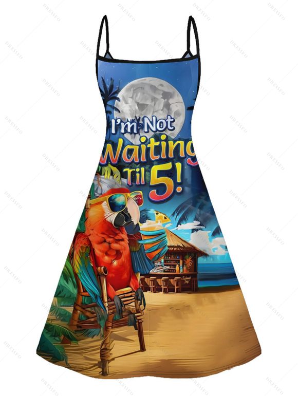 Vacation Couple Outfit Parrot Letter Beach Landscape Pattern Spaghetti Strap Mini Tank Dress and Roll Up Sleeve Shirt Beach Matching Outfit - Bleu S | US 4