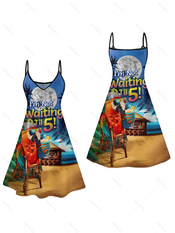 Vacation Couple Outfit Parrot Letter Beach Landscape Pattern Spaghetti Strap Mini Tank Dress and Roll Up Sleeve Shirt Beach Matching Outfit - Bleu S | US 4