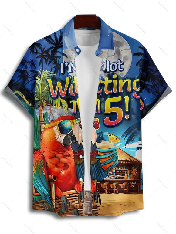 Vacation Couple Outfit Parrot Letter Beach Landscape Pattern Spaghetti Strap Mini Tank Dress and Roll Up Sleeve Shirt Beach Matching Outfit - Bleu S | US 4