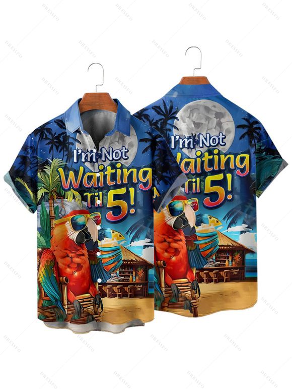 Vacation Couple Outfit Parrot Letter Beach Landscape Pattern Spaghetti Strap Mini Tank Dress and Roll Up Sleeve Shirt Beach Matching Outfit - Bleu S | US 4