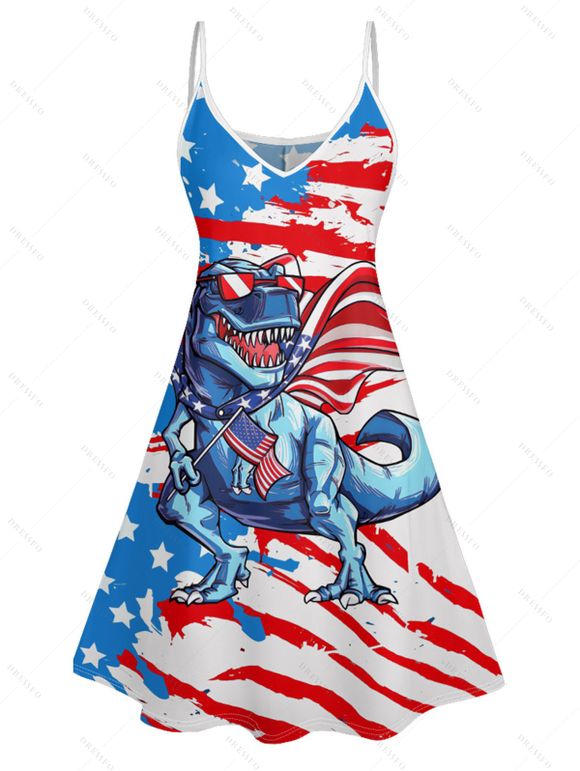 Independence Day Couple Outfit American Flag Dinosaur Pattern Spaghetti Strap Mini Dress and Roll Up Sleeve Shirt Patriotic Matching Outfit - Blanc S | US 4