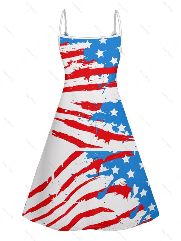 Independence Day Couple Outfit American Flag Dinosaur Pattern Spaghetti Strap Mini Dress and Roll Up Sleeve Shirt Patriotic Matching Outfit - Blanc S | US 4