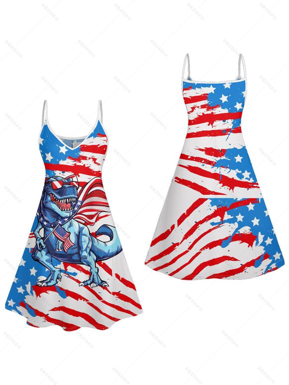 Independence Day Couple Outfit American Flag Dinosaur Pattern Spaghetti Strap Mini Dress and Roll Up Sleeve Shirt Patriotic Matching Outfit - Blanc S | US 4
