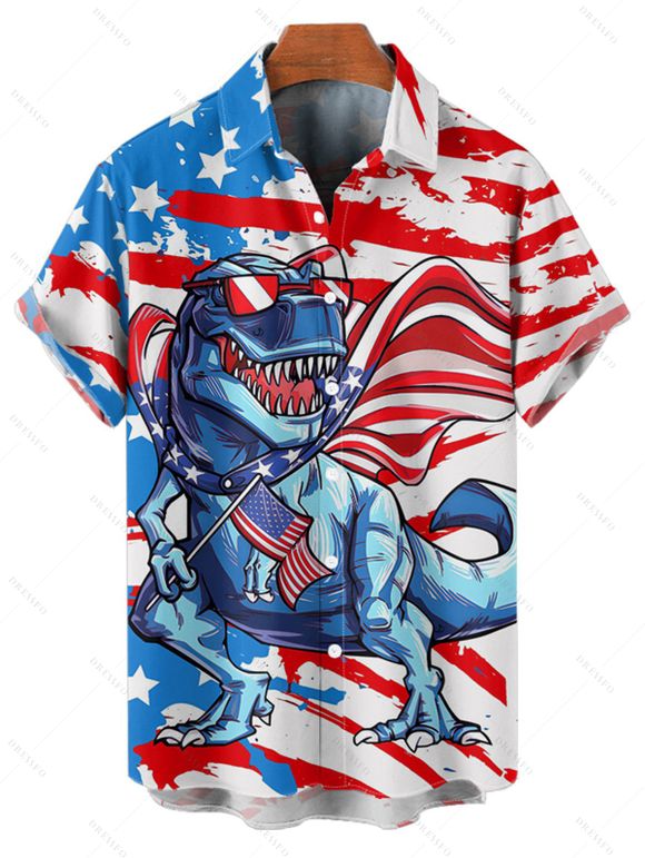 Independence Day Couple Outfit American Flag Dinosaur Pattern Spaghetti Strap Mini Dress and Roll Up Sleeve Shirt Patriotic Matching Outfit - Blanc S | US 4
