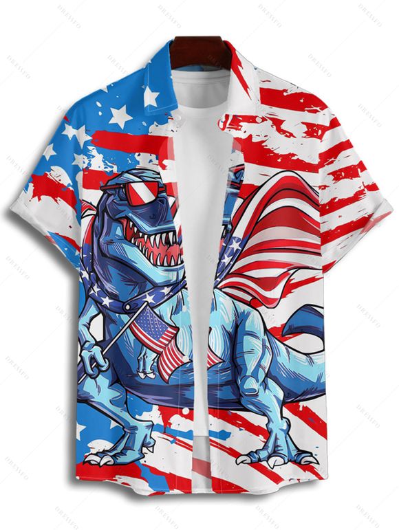 Independence Day Couple Outfit American Flag Dinosaur Pattern Spaghetti Strap Mini Dress and Roll Up Sleeve Shirt Patriotic Matching Outfit - Blanc S | US 4
