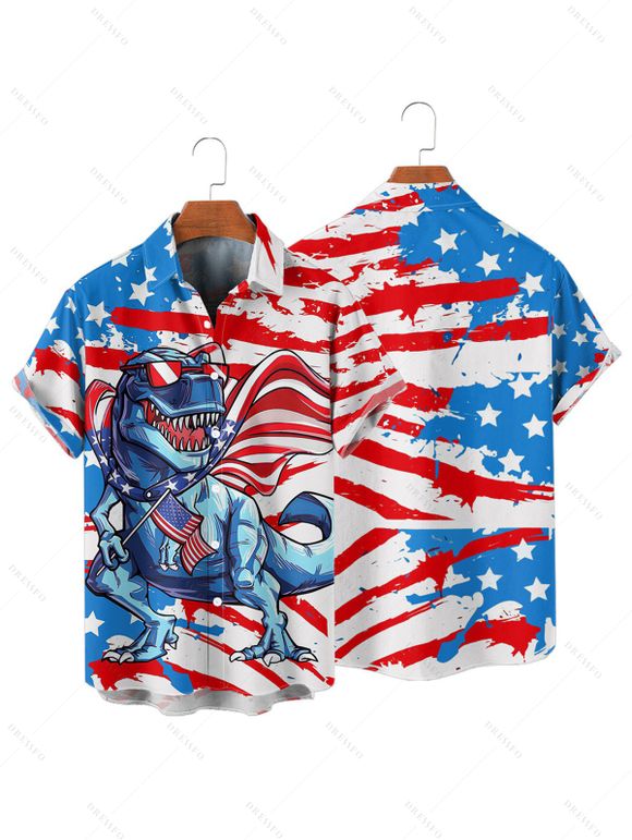 Independence Day Couple Outfit American Flag Dinosaur Pattern Spaghetti Strap Mini Dress and Roll Up Sleeve Shirt Patriotic Matching Outfit - Blanc S | US 4