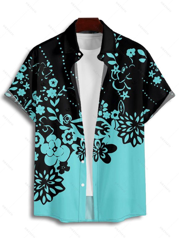 Chemise de Plage Motif de Floral en Couleur Contrastée Boutonnée Manches Roulées pour Homme - Noir XL