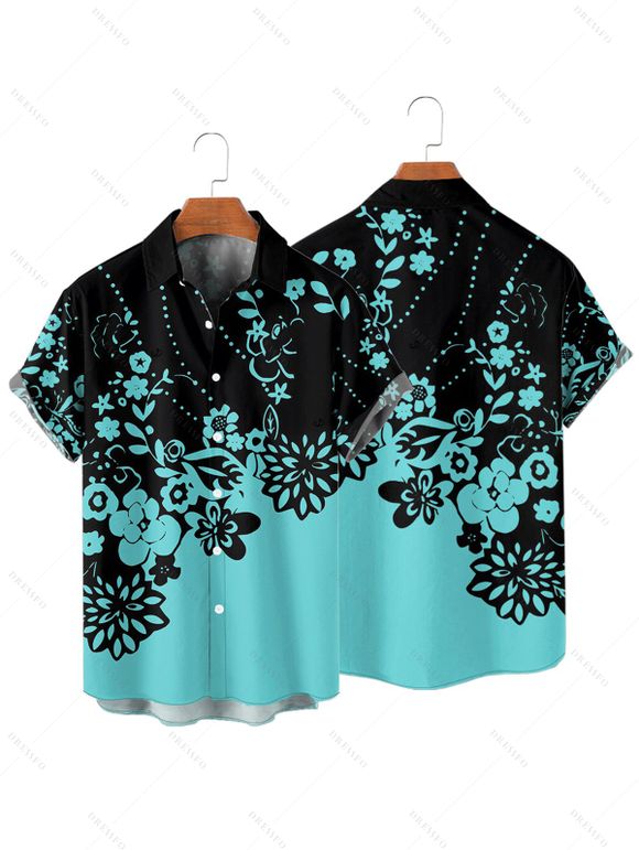 Chemise de Plage Motif de Floral en Couleur Contrastée Boutonnée Manches Roulées pour Homme - Noir XL