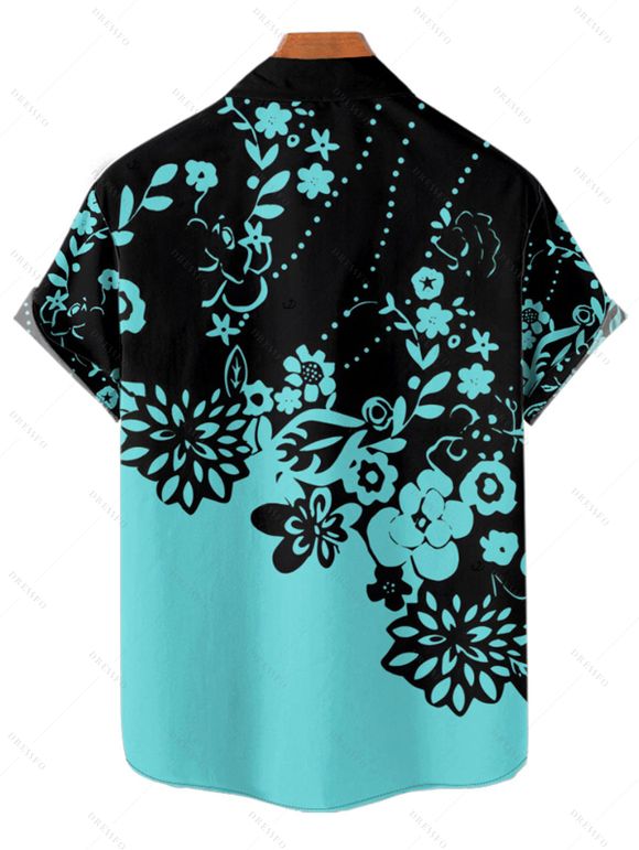 Chemise de Plage Motif de Floral en Couleur Contrastée Boutonnée Manches Roulées pour Homme - Noir XL