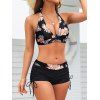 Maillot de Bain Bikini Rembourré Fleuri Imprimé à Col Plongeant Deux Pièces - Noir XL | US 10