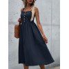 Solid Color Mock Button Spaghetti Strap Vacation Dress High Waisted A Line Midi Casual Dress - MIDNIGHT BLUE L | US 8