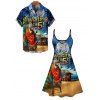 Vacation Couple Outfit Parrot Letter Beach Landscape Pattern Spaghetti Strap Mini Tank Dress and Roll Up Sleeve Shirt Beach Matching Outfit - Bleu S | US 4