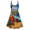 Vacation Couple Outfit Parrot Letter Beach Landscape Pattern Spaghetti Strap Mini Tank Dress and Roll Up Sleeve Shirt Beach Matching Outfit - Bleu S | US 4