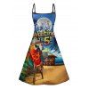 Vacation Couple Outfit Parrot Letter Beach Landscape Pattern Spaghetti Strap Mini Tank Dress and Roll Up Sleeve Shirt Beach Matching Outfit - Bleu S | US 4