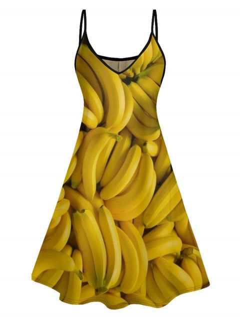 Allover Banana Pattern Vacation Dress Fruit Print Spaghetti Strap A Line Mini Tank Dress