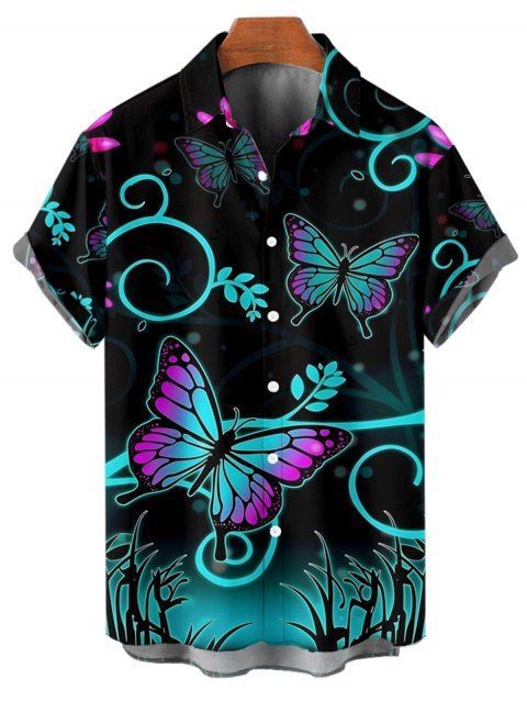 Chemise Décontractée Feuille et Papillon Coloré Imprimés à Manches Roulées