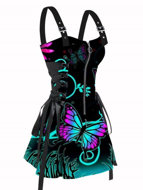 Mini Robe Gothique Ligne A à Bretelle Ajustable Feuille Colorée Imprimée à Lacets sans Manches