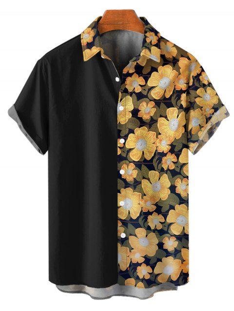 Chemise de Vacances Vintage Motif Fleuri en Couleur Contrastée Boutonnée à Manches Roulées