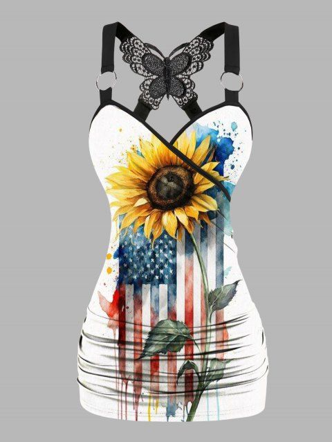 Sunflower American Flag Pattern Butterfly Lace Ruched Independence Day Tank Top Star Stripe Print O Ring Surplice Long Patriotic Tank Top