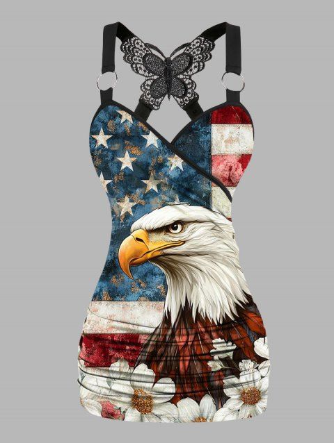 American Flag Eagle Floral Pattern Butterfly Lace Ruched Independence Day Tank Top Star Stripe Print O Ring Surplice Long Patriotic Tank Top